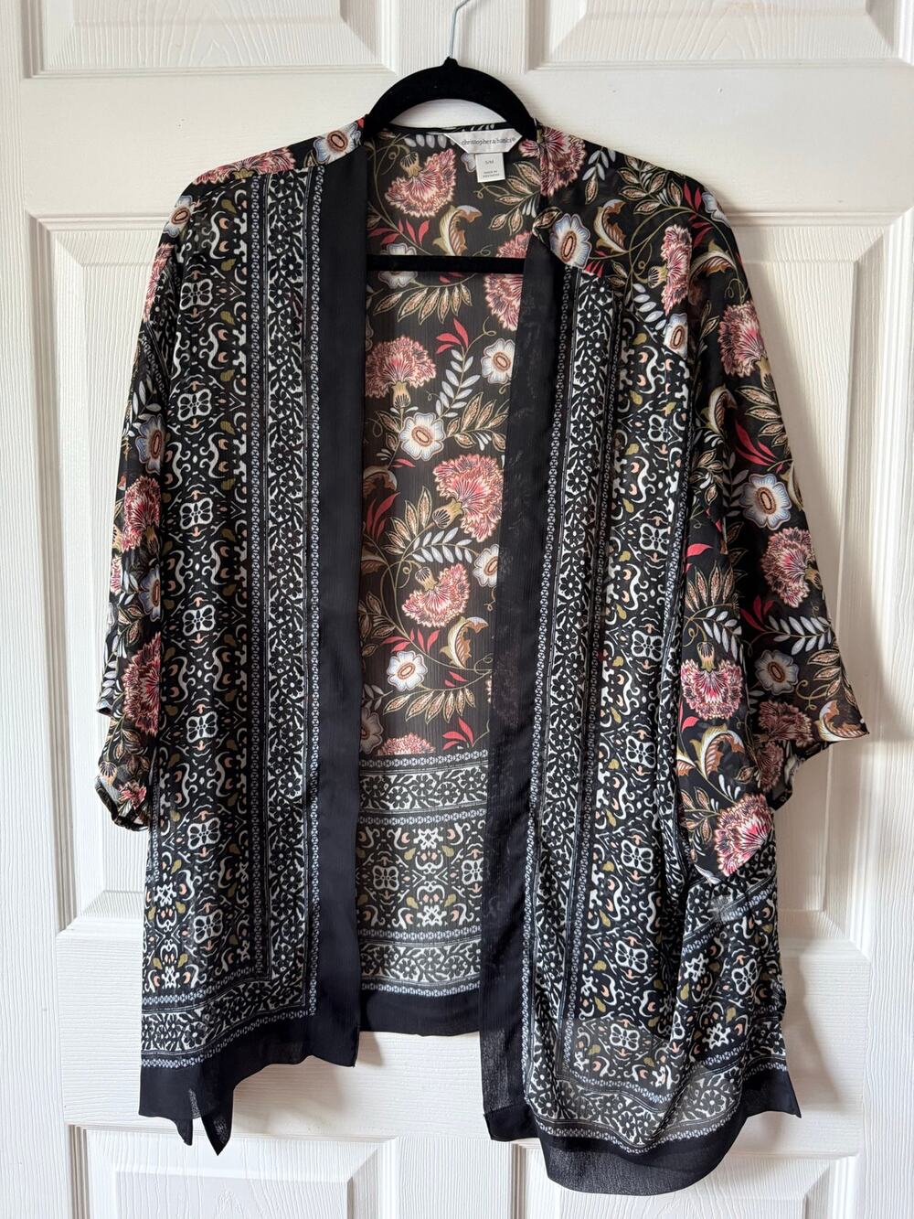 Christopher & Banks Sheer Floral Kimono Cardigan Black Boho Duster S/M‎